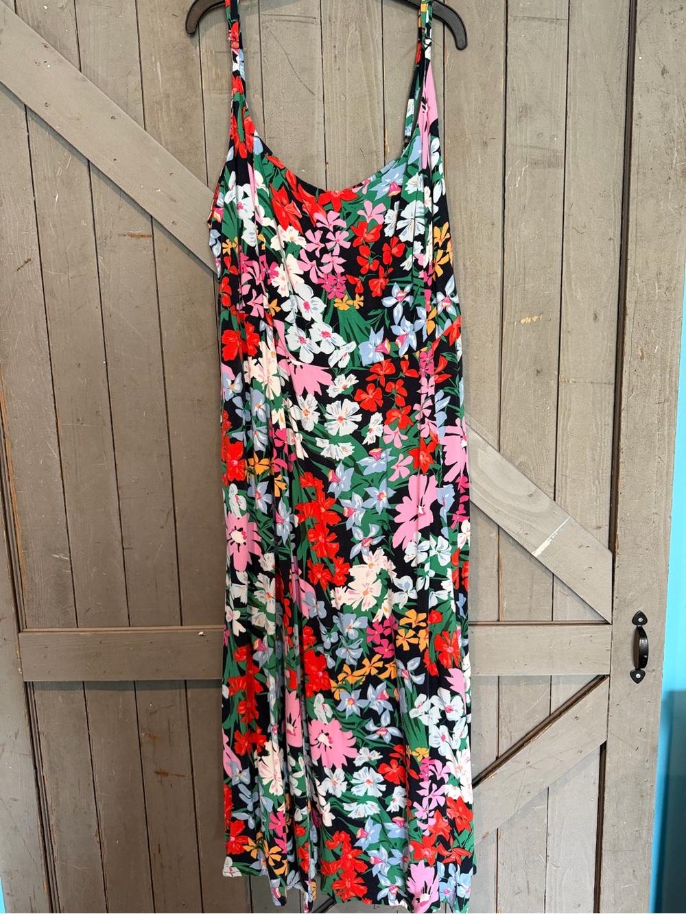 Old Navy Black Maxi Slip Dress with Pink, Red & Green Floral Print